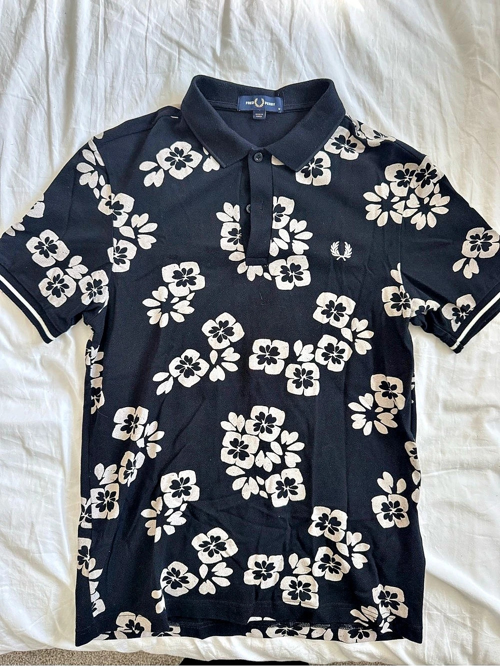 Fred Perry Floral Print Fred Perry Shirt Floral Polo Black & Cream Medium